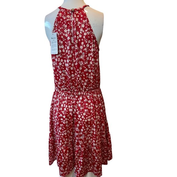 New Shows Womens Floral Mini Dress Halter Neck Back Keyhole Smocked Waist Red M - Picture 2 of 8